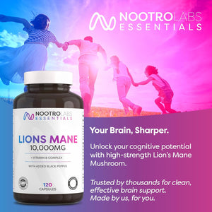 Nootro Labs Essentials Lion'S Mane Capsules (60 Servings), 10000Mg Lions Mane Supplement with Vitamin B Complex to Support Focus and Brain Function