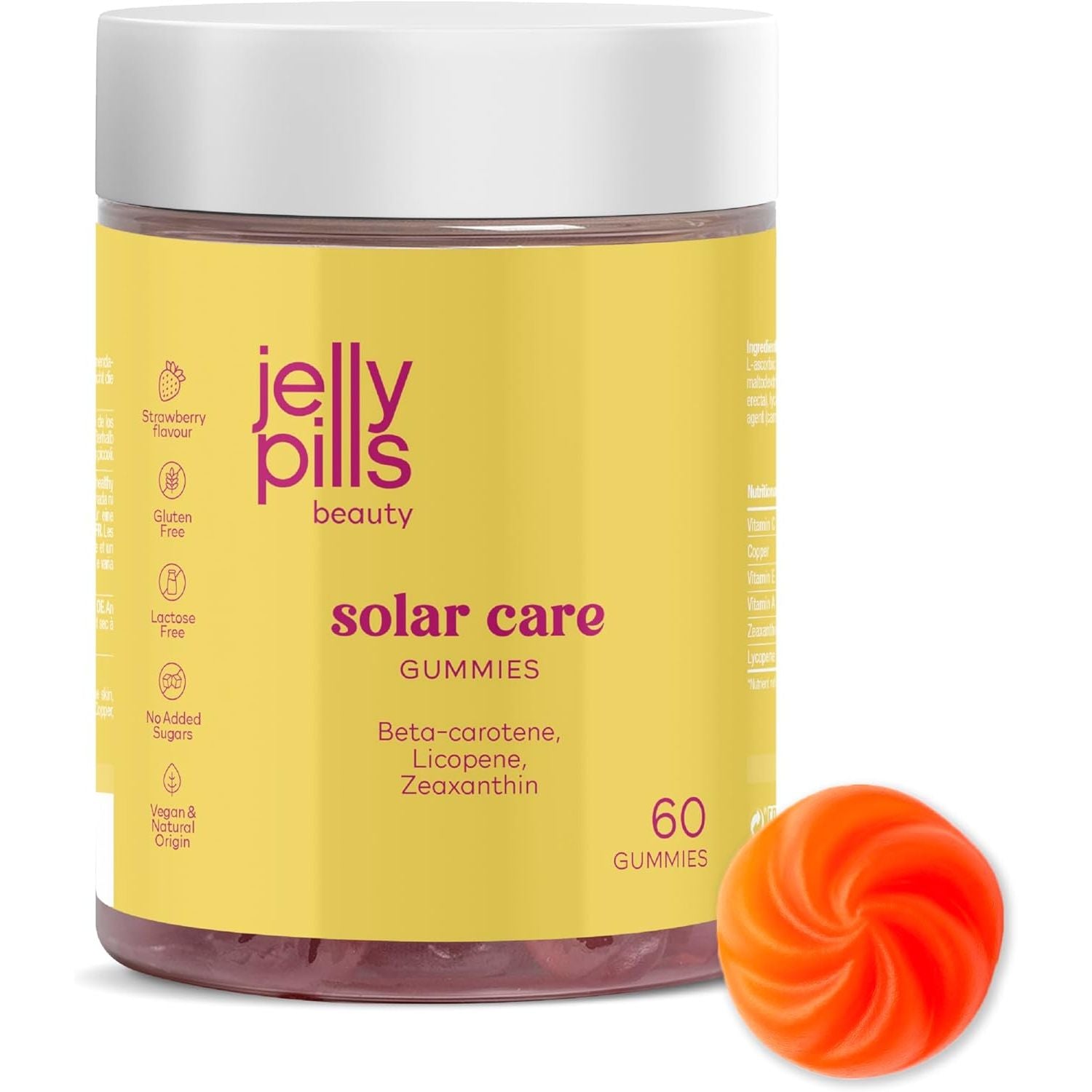 Jelly Pills® Beta Carotene Gummies with Lycopene, Copper and Vitamins A, C and E - No Sugar Added - 60 Strawberry Flavoured Vegan Gummies to Accelerate Your Skin'S Tanning Process