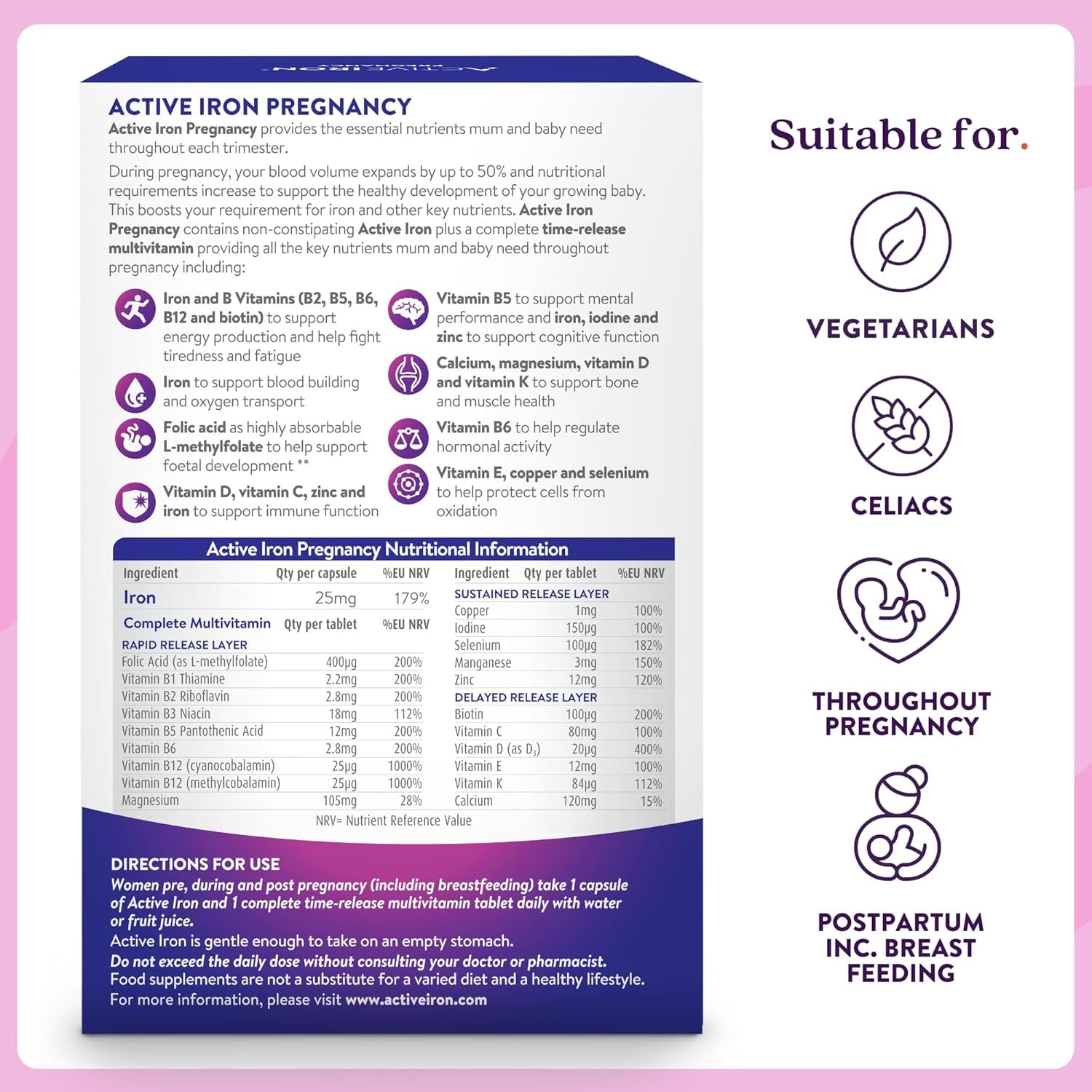 Active Iron Pregnancy, Nutritional Support for Prenatal Care & Foetal Development, 30 X 25 Mg Iron Capsules, 30 X Triple Layer Multivitamin Tablet (L-Methylfolate, Vitamin D & Calcium), 1 Month Supply