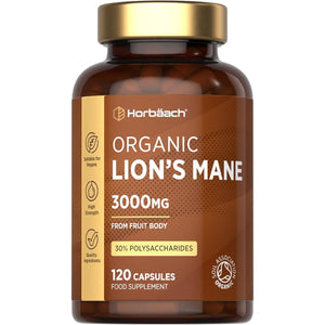 Organic Lions Mane Supplement 3000Mg | High Strength | Certified Organic by the Soil Association | Mushroom Fruiting Bodies Extract | 120 Vegan Capsules | by Horbaach