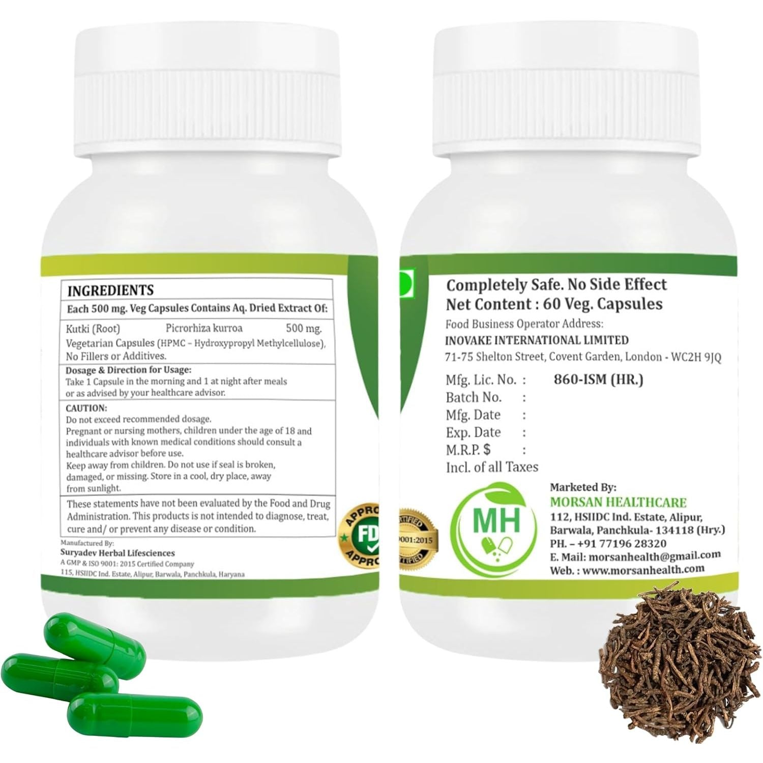 Morsan Healthcare Kutki Capsules 500Mg | Picrorhiza Kurroa | Natural Ayurvedic Herbal Supplement for Liver & Digestion Support | Vegetarian, Gluten Free, GMP Certified | 60 Capsules (Pack of 2)