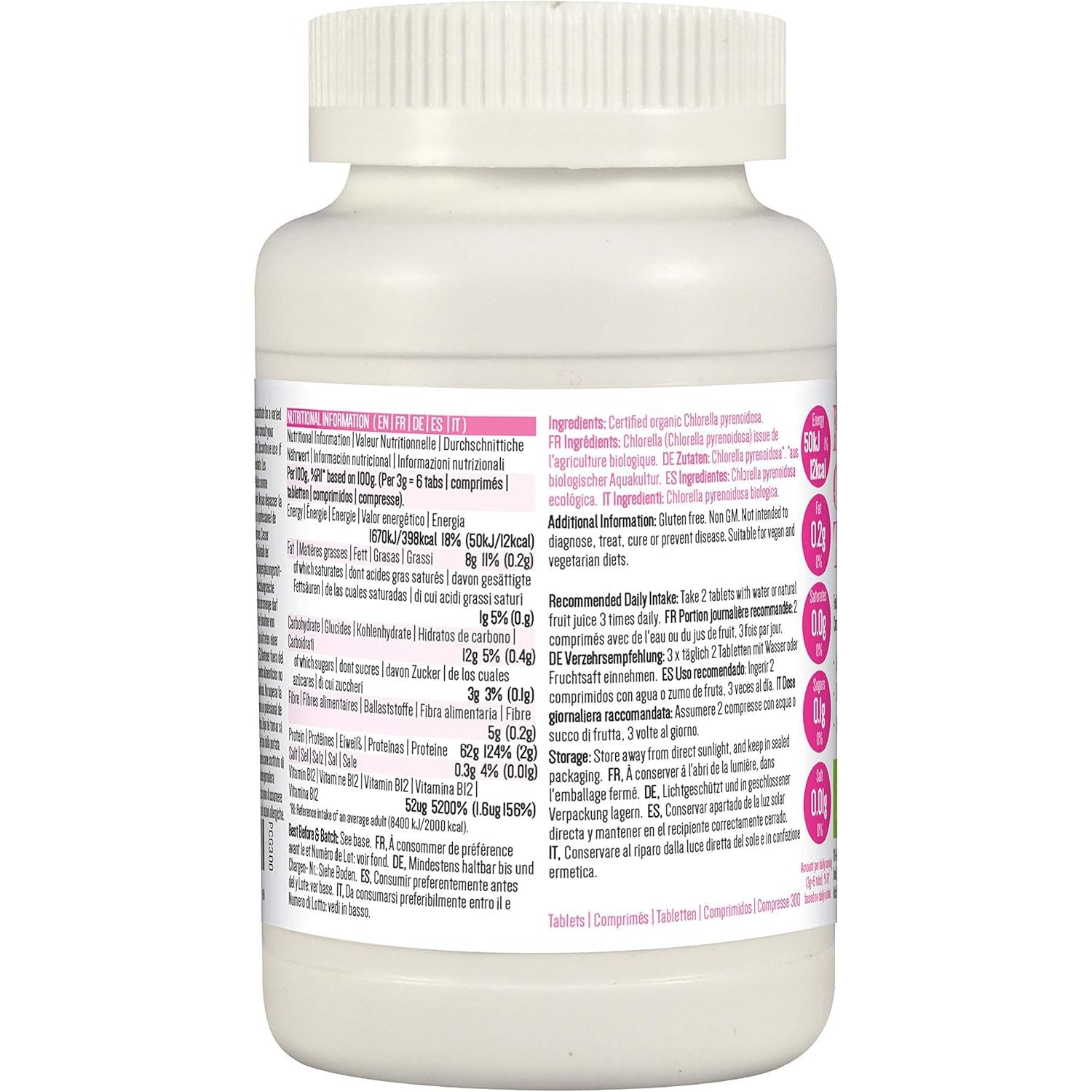 PINK SUN Organic Chlorella Tablets 500Mg X 300 Tabs Pyrenoidosa with Broken Cell Wall Cracked Gluten Free Non GMO Suitable for Vegetarians and Vegans Certified Organic by the Soil Association 150G