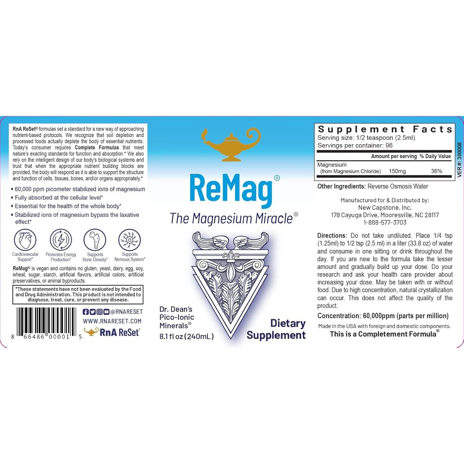 Rna Reset - Remag High Absorption Magnesium Liquid, Experience the Magnesium Miracle, 96 Servings, Magnesium Chloride, 240Ml - by Dr. Carolyn Dean