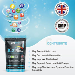 Multivitamins & Minerals - 365 Vegan Tablets - One a Day 100% RDA - 23 Essential Vitamins & Minerals in A-Z Multivitamin Tablet - Made in the UK by PROELITE