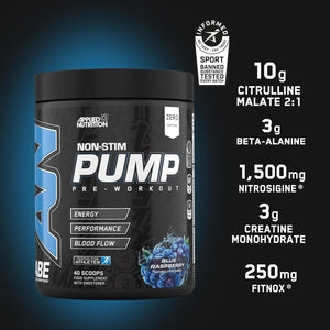 Applied Nutrition ABE Pump Pre Workout - All Black Everything Stim Free Pump Pre Workout Powder | Pump, Energy & Strength with Citrulline, Creatine, Beta-Alanine (500G - 40 Servings) (Blue Razz)