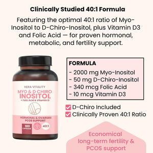 Inositol Supplement for Women (180 Capsules) 3 Month Supply | Myo-Inositol & D-Chiro 40:1 with Folic Acid & Vitamin D | PCOS, Hormone Balance, Pre Conception Fertility & Ovulation Support