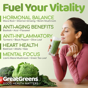 Greatgreens - Organic Greens Powder - Large 300G Blend 40 Raw Superfoods - Greens, Vegetables, Super Fruits, Berries, Sprouts and Mushrooms - High Fibre Vegan Daily Juice Smoothie Drink - 30 Servings
