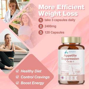 Appetite Suppressants for Women, 13 in 1 Fat Burner 2480Mg Natural Formula with White Kidney Bean Extract, Glucomannan, Apple Cider Vinegar, Vitamins B6 & B12, Green Tea Extract, 120 Capsules