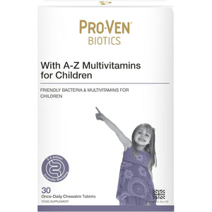 Pro-Ven Probiotics for Children (4-16) A-Z Multivitamins Supplement for Gut Health, Immunity & Energy 2.5 Billion CFU Friendly Bacteria 30 Blackcurrant Chewable Tablets