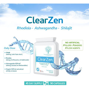 Rhodiola, Ashwagandha and Shilajit - Clearzen - Adaptogen 3-In-1 Ashwagandha KSM-66 1500Mg, Rhodiola 500Mg (3% Rosavins, 1% Salidrosides) & Shilajit 60% Fulvic Acid - No Artificial Fillers or Binders
