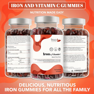 Troo Health Care Iron & Vitamin C - 150 Natural Cherry Flavour Gummies - Tasty Chewable Supplement for Men, Women and Kids - Increased Absorption Supports Cognitive & Red Blood Cell Formation