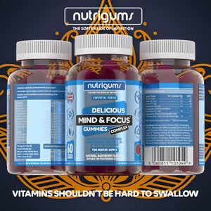 Mind & Focus Ashwagandha Gummy | Ashwagandha, L-Theanine, Vitamins D, B5, B6 & B12 | Raspberry Flavour | 60 Vegan Gummies | Cognitive Health, Nervous System and Mental Performance by NUTRIGUMS®