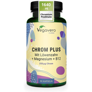 Vegavero Chromium Picolinate 1640 Μg | 250 Μg Elemental Chrom plus Magnesium and VIT B12 | Blood Sugar Supplement* | NO Additives, Lab-Tested | 90 Capsules | Vegan