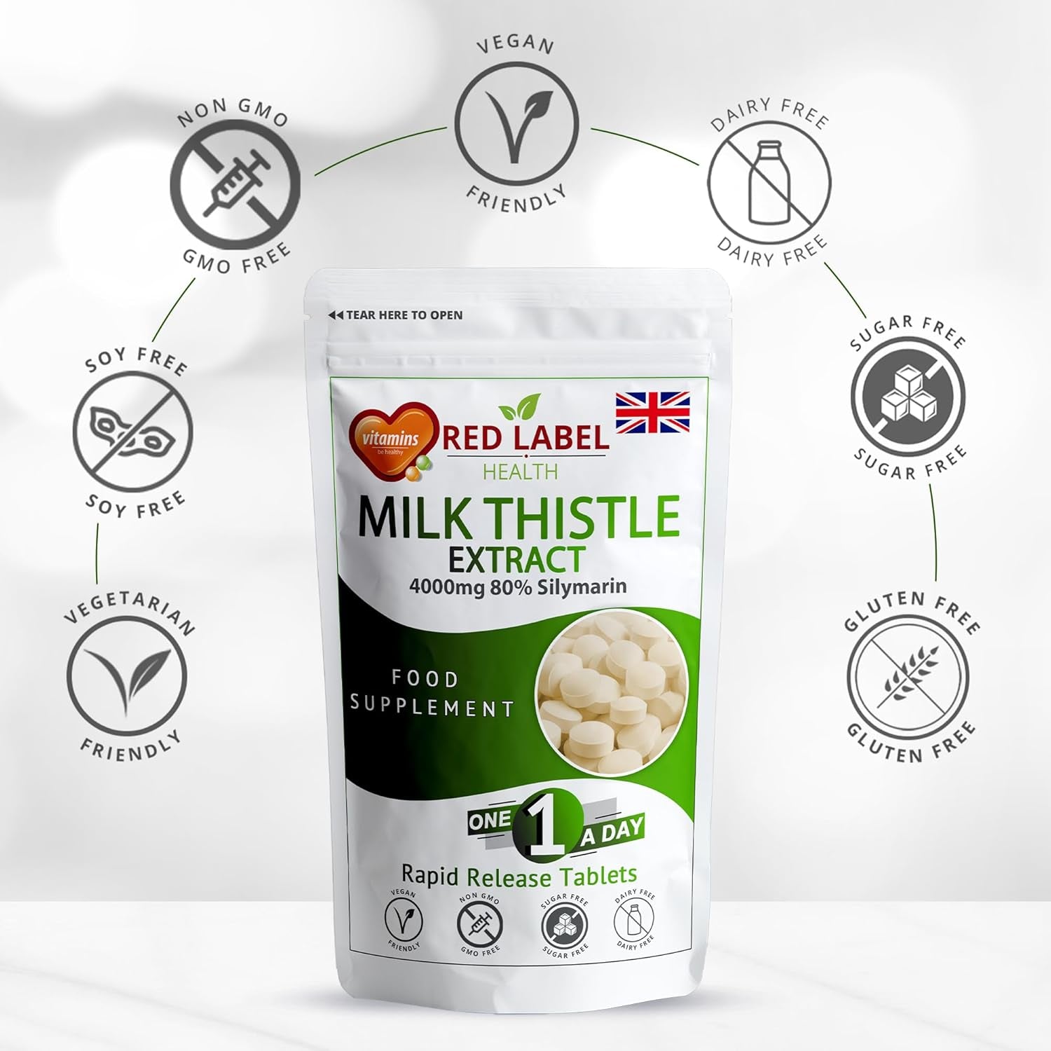 Red Label Health Milk Thistle 365 Tablets 4000Mg High Strength Silymarin Extract Vegan Made in the UK