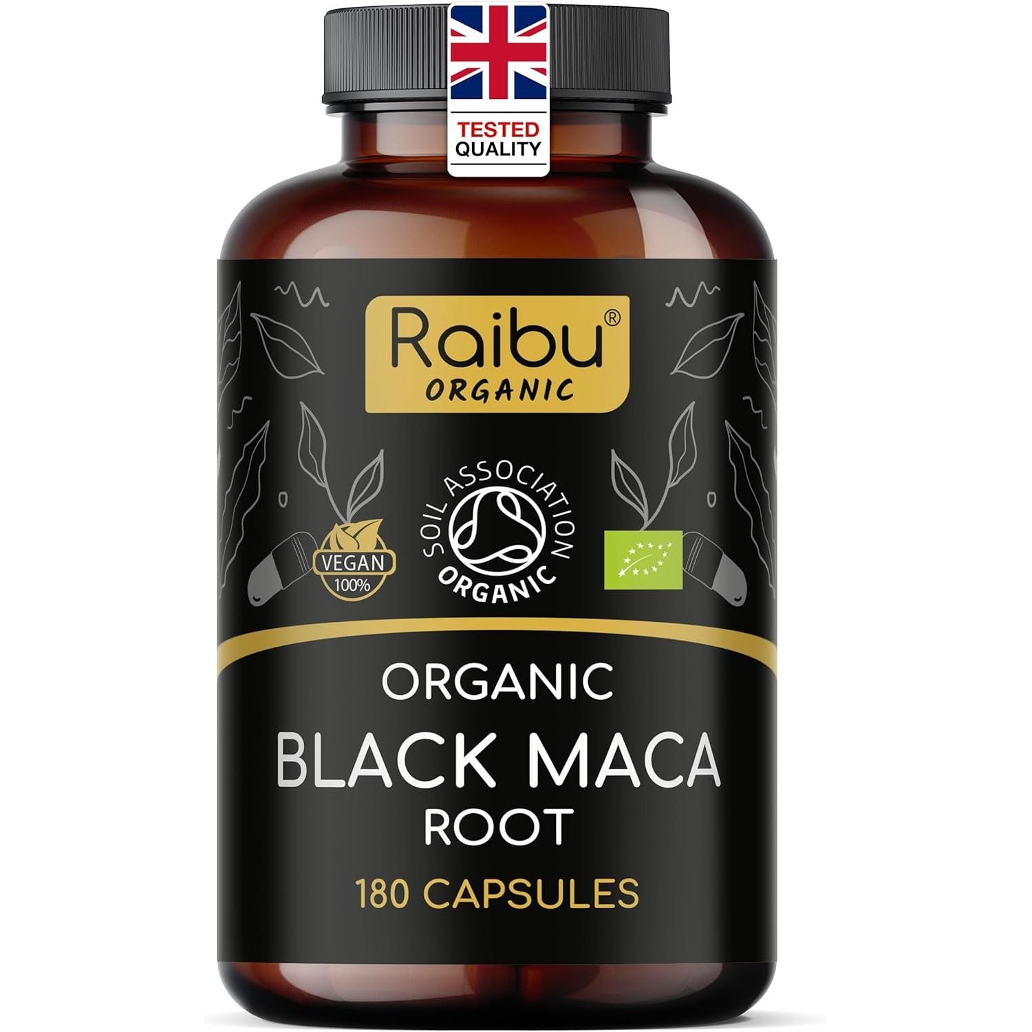 Organic Black Maca Root Capsules - High Strength Peruvian Maca Root (No Extract, Whole Root) - 3200Mg Daily Dose, 180 Vegan Capsules - with Vitamin C from Acerola - UK Quality Standards