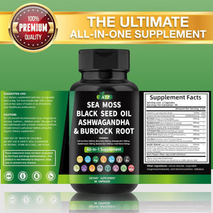 AYP Sea Moss Bladderwrack Black Seed Oil Ashwagandha Burdock Root Capsules Multi Blend Supplement + Multi Vitamin Turmeric Manuka Honey Elderberry Chlorophyll