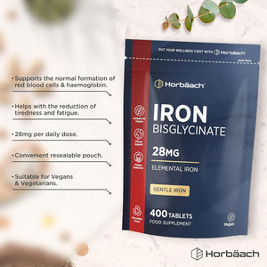 Iron 28Mg | 400 Tablets, 6+ Months Supply | High Strength Ferrous Bisglycinate Form | Supplement for Men & Women | by Horbaach