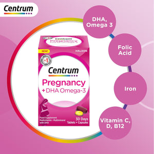 Centrum Pregnancy Vitamins for Women, Pregnancy Vitamins with DHA, Omega 3 and Folic Acid, 60 Count, 30 Day Supply
