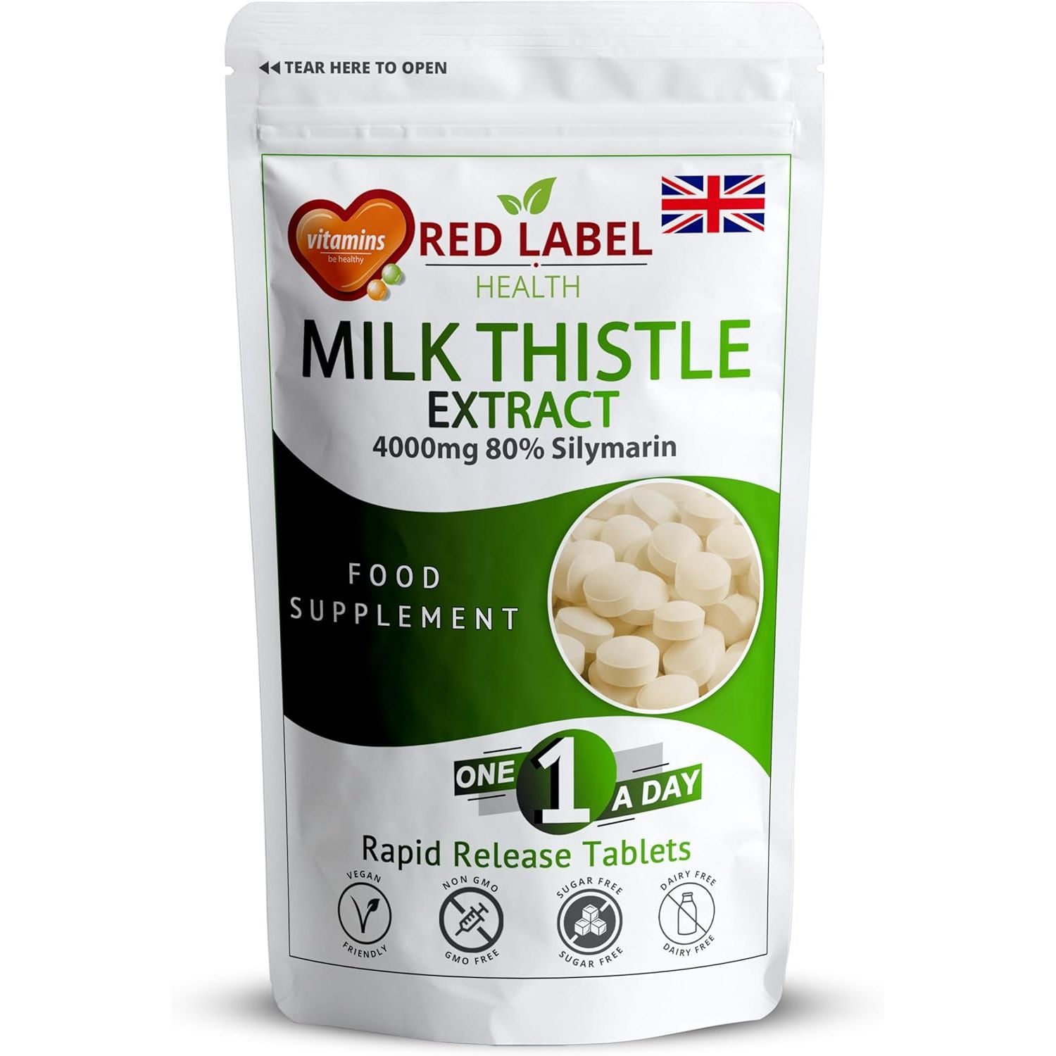 Red Label Health Milk Thistle 365 Tablets 4000Mg High Strength Silymarin Extract Vegan Made in the UK