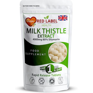 Red Label Health Milk Thistle 365 Tablets 4000Mg High Strength Silymarin Extract Vegan Made in the UK