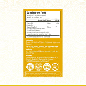 Holy Basil Capsules - Organic Vitamin B6 Capsules | Tulsi Capsules | Soil Association Certified Organic Holy Basil Extract 15:1 | High Strength 2.5% Ursolic Acid | 60 Easy Swallow Tulsi Powder Pills