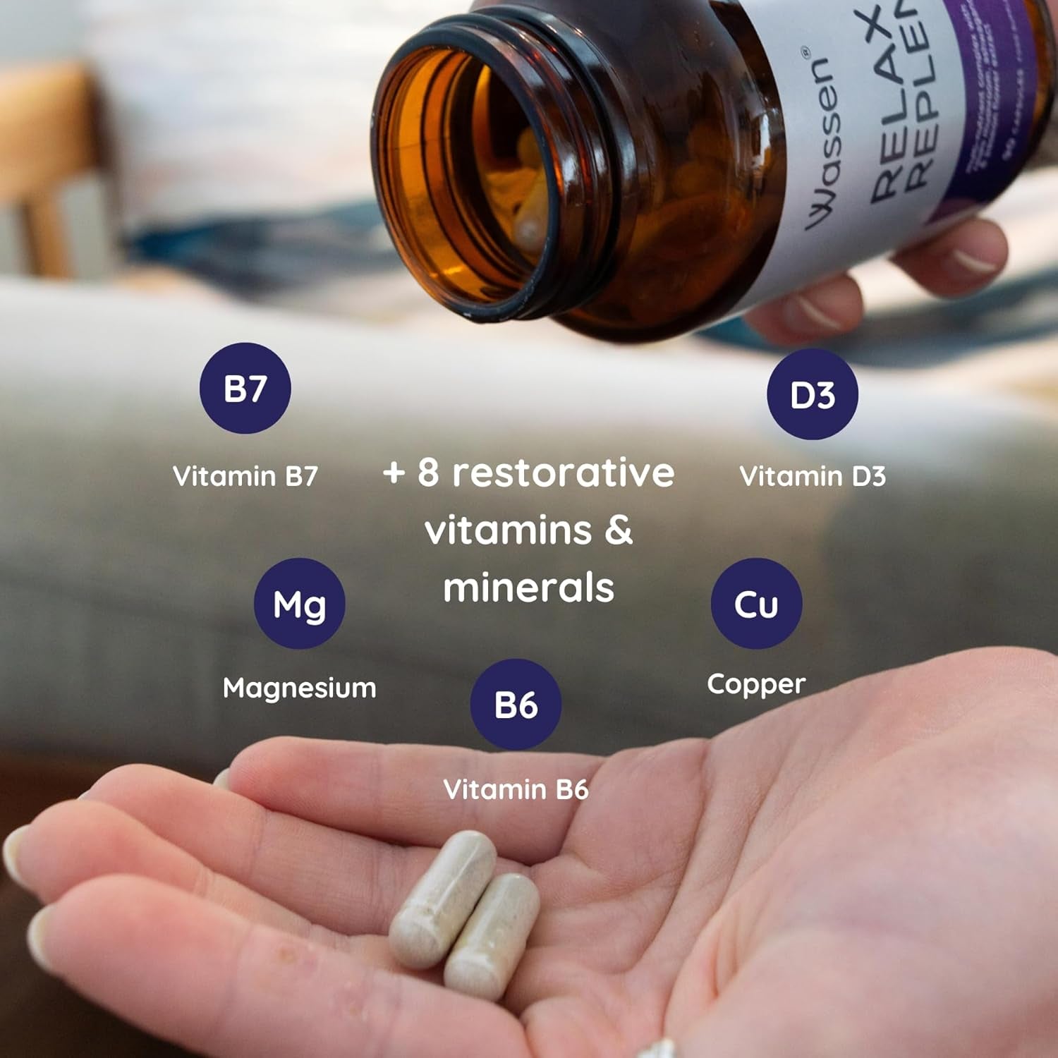 Wassen Relax & Replenish 90 Magnesium Capsules | Magnesium Sleep Supplements Supporting Psychological Function | Ashwagandha to Help Relaxation | Passion Flower Capsules | Reishi Mushroom & Lavender