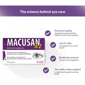 Macusan A2 AREDS2 Formula | Eye Health Dietary Food Supplement with Lutein, Zeaxanthin & Vitamins | Supports Vision & Helps Manage Age-Related Macular Degeneration (AMD) | 60 Capsules