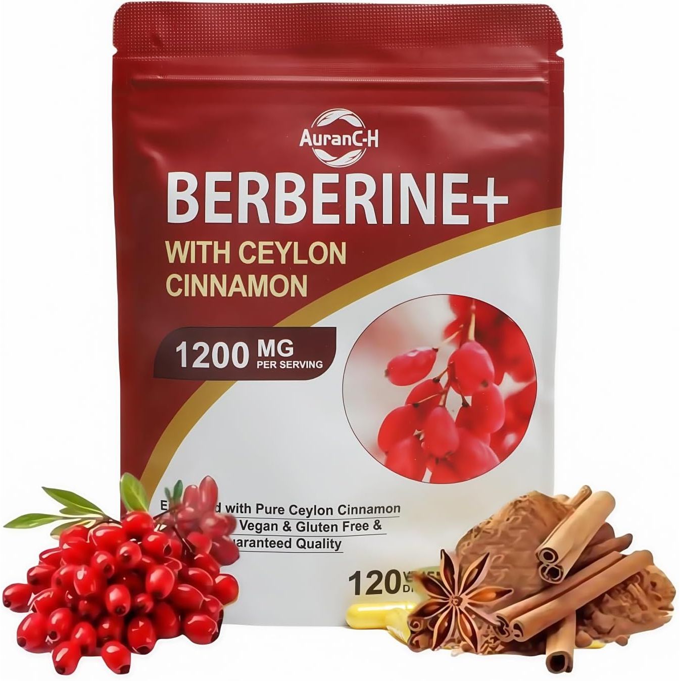 Berberine HCL Supplement Berberine 1200Mg Serving HCL 120 Capsules - plus Pure True Ceylon Cinnamon,Healthy Weight for Both Men and Women, 2 Month Supply