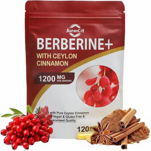 Berberine HCL Supplement Berberine 1200Mg Serving HCL 120 Capsules - plus Pure True Ceylon Cinnamon,Healthy Weight for Both Men and Women, 2 Month Supply