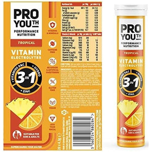 Proyouth Electrolytes Tablets with Vitamins for Kids and Adults - Hydration & Rehydration Tablets with Electrolytes, Vitamins and Minerals - No Caffeine, No Sugar | 20 Tablets Tropical | Pack of 1