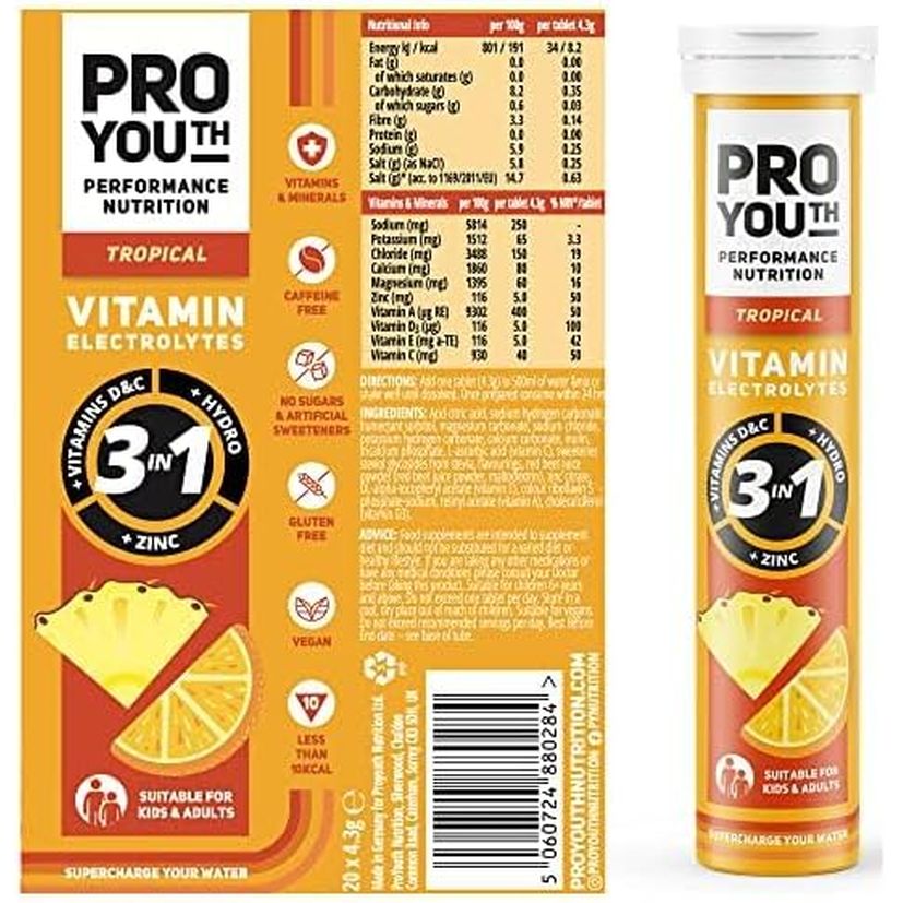 Proyouth Electrolytes Tablets with Vitamins for Kids and Adults - Hydration & Rehydration Tablets with Electrolytes, Vitamins and Minerals - No Caffeine, No Sugar | 20 Tablets Tropical | Pack of 1