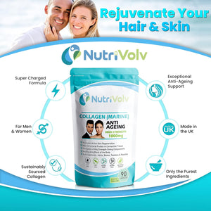 Nutrivolv Collagen Marine 1000Mg Supplement | Anti-Ageing Support for Skin, Joints, Bones, Muscles & Tissue Health | 90 Capsules | Boosts Skin Elasticity & Joint Mobility