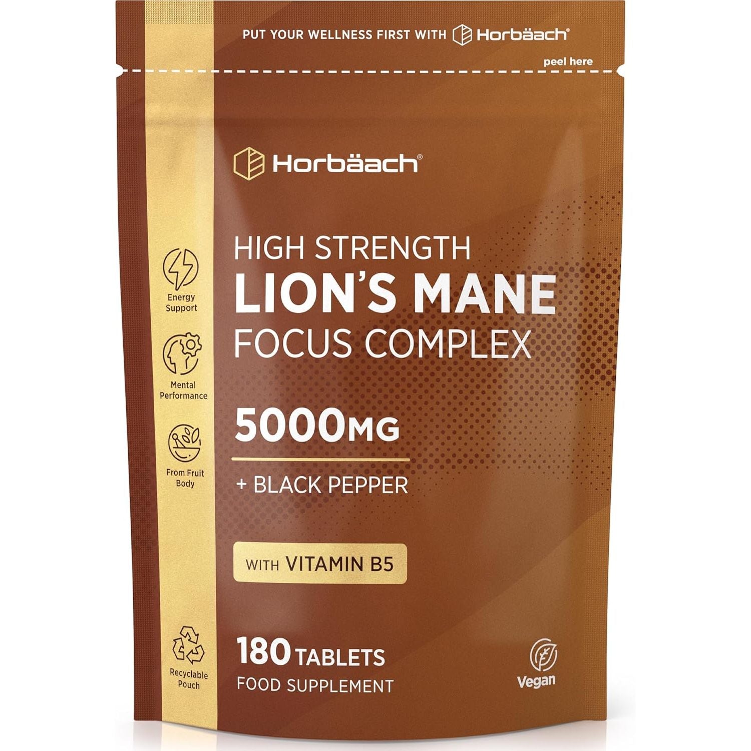 Lions Mane Supplement 5000Mg | Focus Complex with Vitamin B5 & Black Pepper | Lion'S Mane Mushroom Mental Performance Supplement | 180 Vegan Tablets | by Horbaach