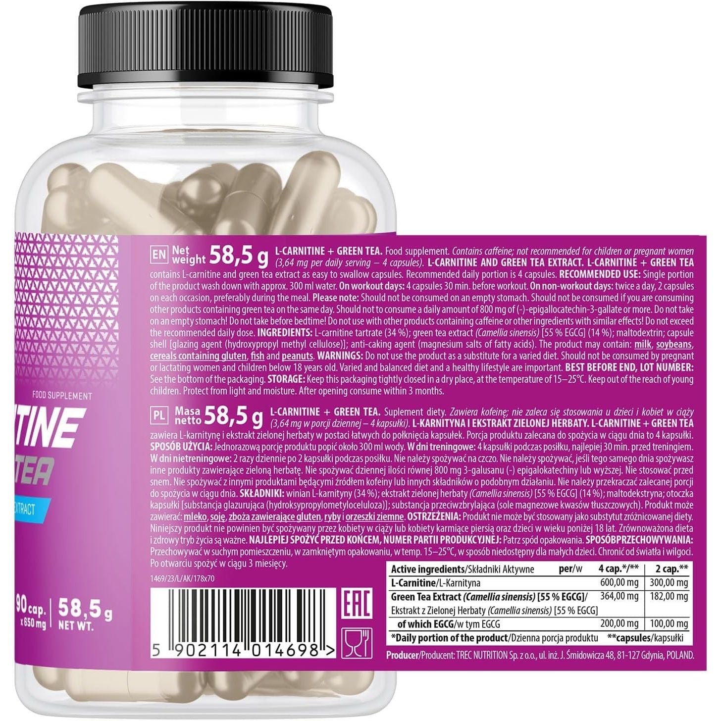 TREC Nutrition L-CARNITINE + Green Tea | Turn Fat into Energy | Weight Loss Metabolism Booster | 90 Capsules