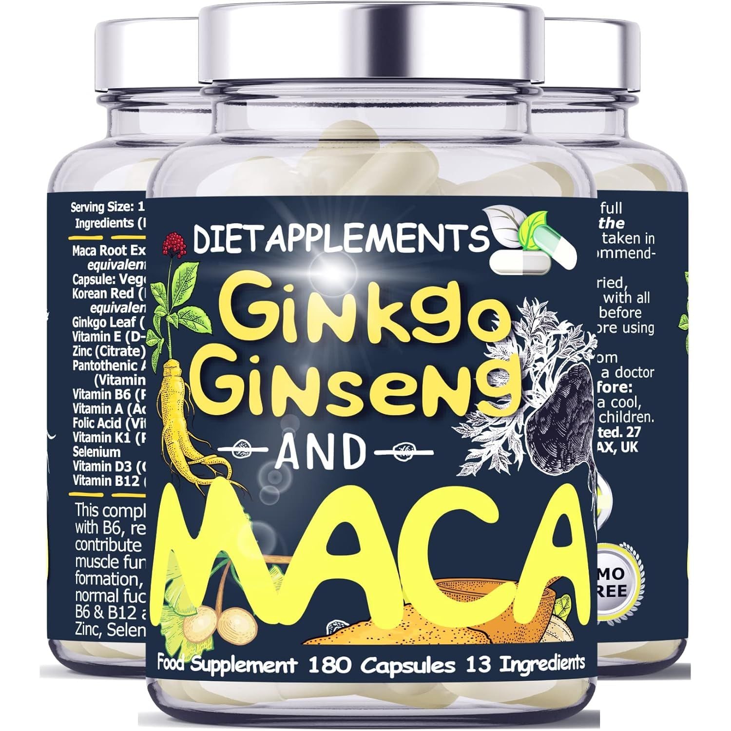 Maca Root 4000Mg, Ginkgo Biloba, Korean Red (Panax) Ginseng - 4256Mg - Vegan Capsules - Zinc, Vitamins D3, E, B5, B6, B12, A, K, Folic Acid, Selenium for Immune System & Hormonal Activity. 1 Bottle