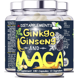 Maca Root 4000Mg, Ginkgo Biloba, Korean Red (Panax) Ginseng - 4256Mg - Vegan Capsules - Zinc, Vitamins D3, E, B5, B6, B12, A, K, Folic Acid, Selenium for Immune System & Hormonal Activity. 1 Bottle