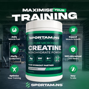 SPORTAMINS Creatine Monohydrate Powder 500G – 100% Pure Micronised Creatine Monohydrate – Unflavoured, 100 Servings – Muscle Growth, Strength & Recovery – Vegan, GMP Certified, Non-Gmo Supplement