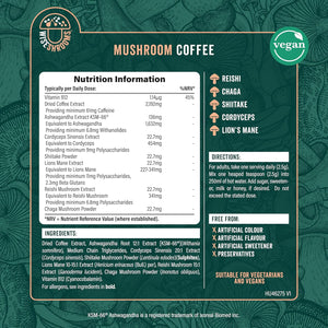 Mushroom Coffee with Lion'S Mane & KSM-66 Ashwagandha | Advanced Mushroom Powder Blend with Cordyceps, Shiitake, Lion'S Mane, Reishi, Chaga and Vitamin B12 | 100G - 40 Servings | Wiseshrooms