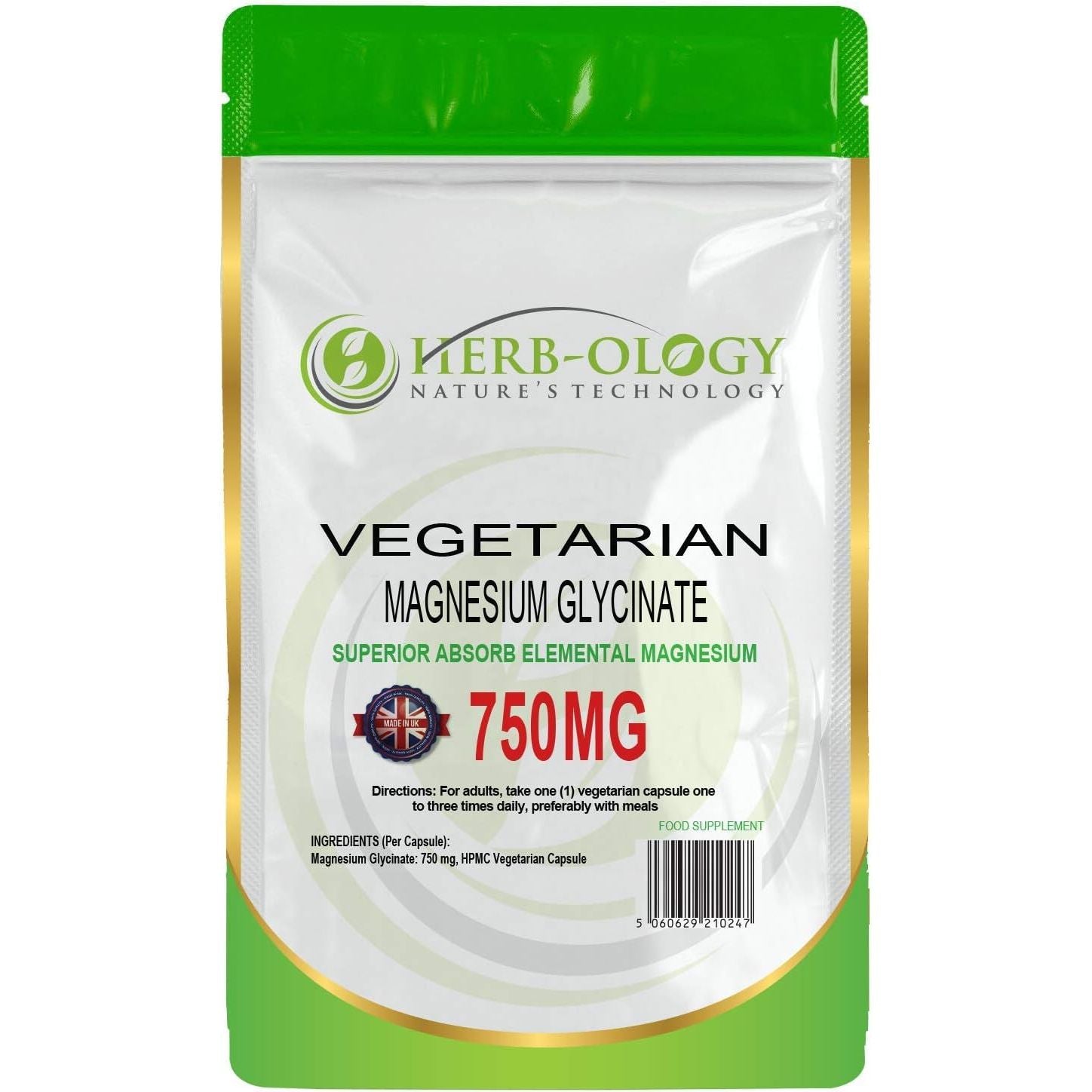 Herb-Ology Magnesium Glycinate Capsules | 120 Vegan Capsules | Magnesium Supplements | 750Mg per Capsule | Highly Bioavailable, Dairy Free & Manufactured in the UK