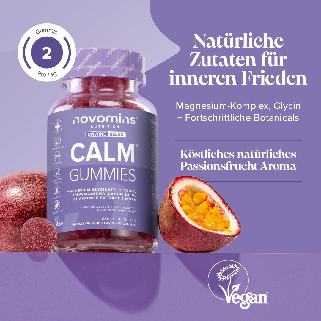 Magnesium Glycinate Gummies - Calm Gummies with 450Mg Magnesium Glycinate, Ashwagandha, Glycine, Lemon Balm, Chamomile, Vitamin B12 and Iodine – Rescue and Calms Your Mind - Novomins