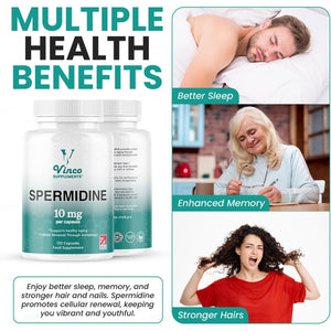 Vinco Spermidine Supplement - 10Mg X 120 High Strength Spermidine Capsules - 99% Purity - Supports Healthy Ageing & Longevity - Non GMO & Gluten Free - Made in the UK