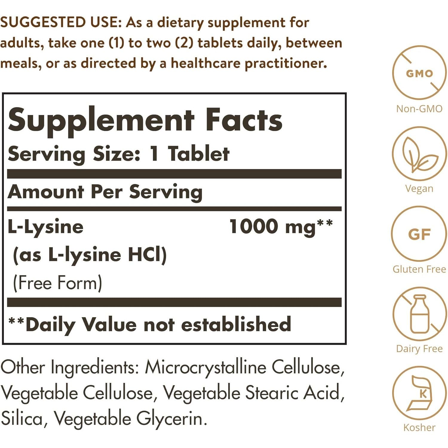 Solgar L-Lysine 1000 Mg - Food Supplement, Pack of 250 Tablets - Premium Amino Acid Range - Vegan, Gluten Free