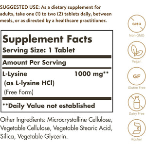 Solgar L-Lysine 1000 Mg - Food Supplement, Pack of 250 Tablets - Premium Amino Acid Range - Vegan, Gluten Free