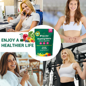 Vital Vibe Super Greens Powder 30 Servings - with Prebiotics, Probiotics & 3G Fiber - Spirulina, Chlorella for Gut Health, Energy & Digestion - Mango Flavor, Vegan, Zero Sugar