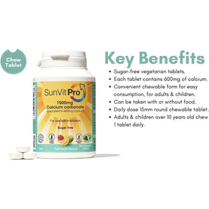 Sunvit-Pro Calcium Carbonate Tablets 600Mg Tutti Frutti Flavor - Calcium Supplements for Women & Men Supports Heart, Bones, Joint & Digestive Health - Gluten Free 100 Chewable Tablets