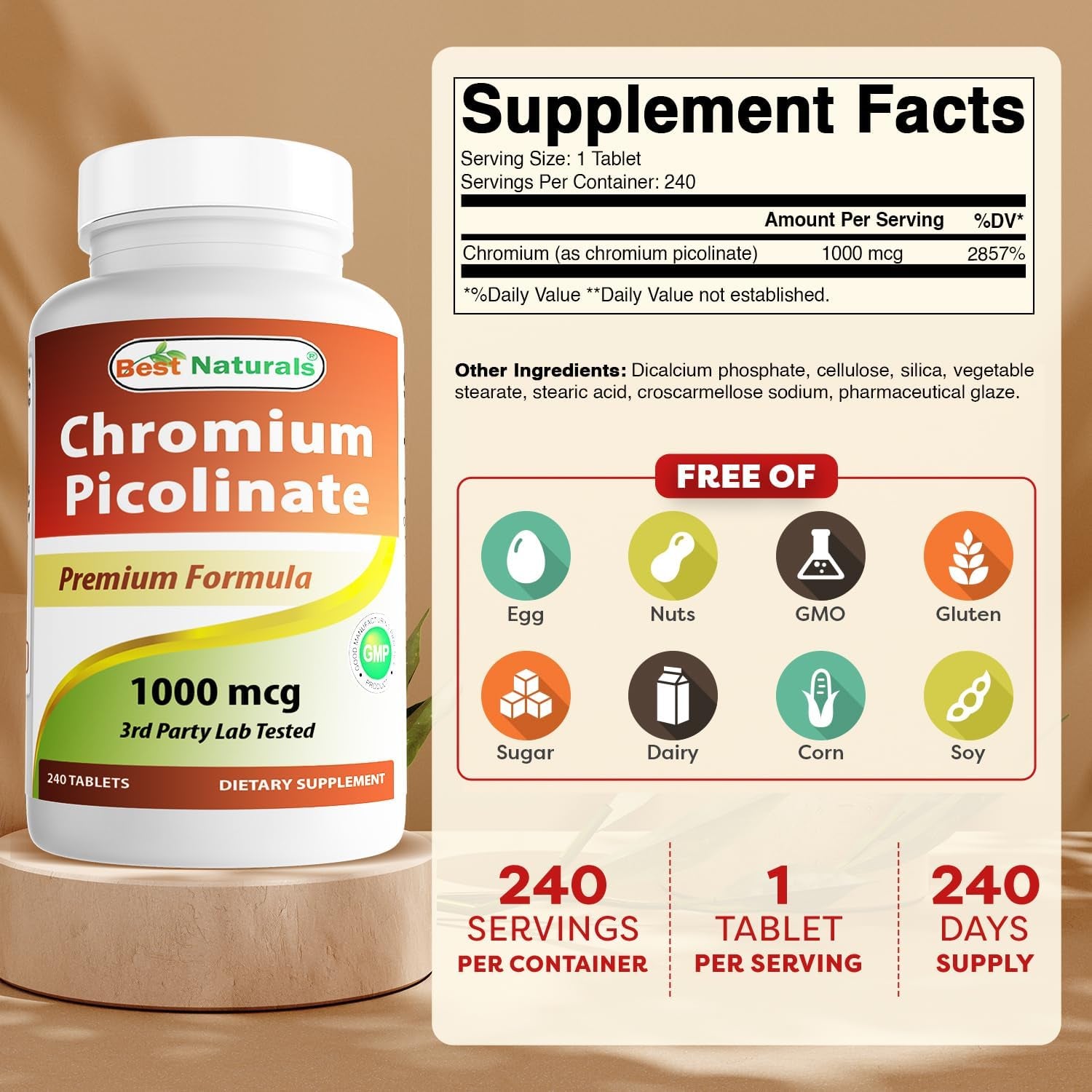 Best Naturals Chromium Picolinate 1000 Mcg Tablet - Supports Healthy Blood Sugar Levels, 240 Count