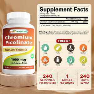 Best Naturals Chromium Picolinate 1000 Mcg Tablet - Supports Healthy Blood Sugar Levels, 240 Count