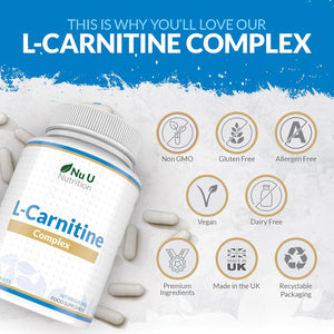 L-Carnitine Tartrate Complex 2200Mg - 180 Vegan Capsules - with Chromium, Riboflavin, Biotin, Vitamin D, B3 & B6 - High Strength L Carnitine Supplement - Made in the UK - Nu U Nutrition