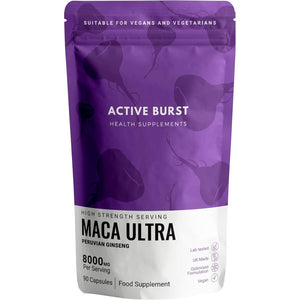 Macaroot Ultra – Maca Root Capsules 8000Mg | Peruvian Ginseng 10:1 Extract | 1.6Mg Macamides | Energy, Mood & Hormone Support | Vegan, UK Produced, Lab Tested | 90 Capsules | Activeburst Nutrition
