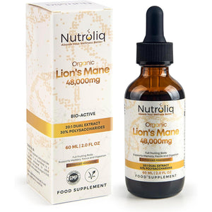 Nutroliq Lions Mane Liquid Drops - 48000Mg per Serving - Fruiting Body Extract - 30% Polysaccharides - Vegan Formula - 60-Day Supply - Lions Mane Tincture Supplement with Organic Hericium Erinaceus